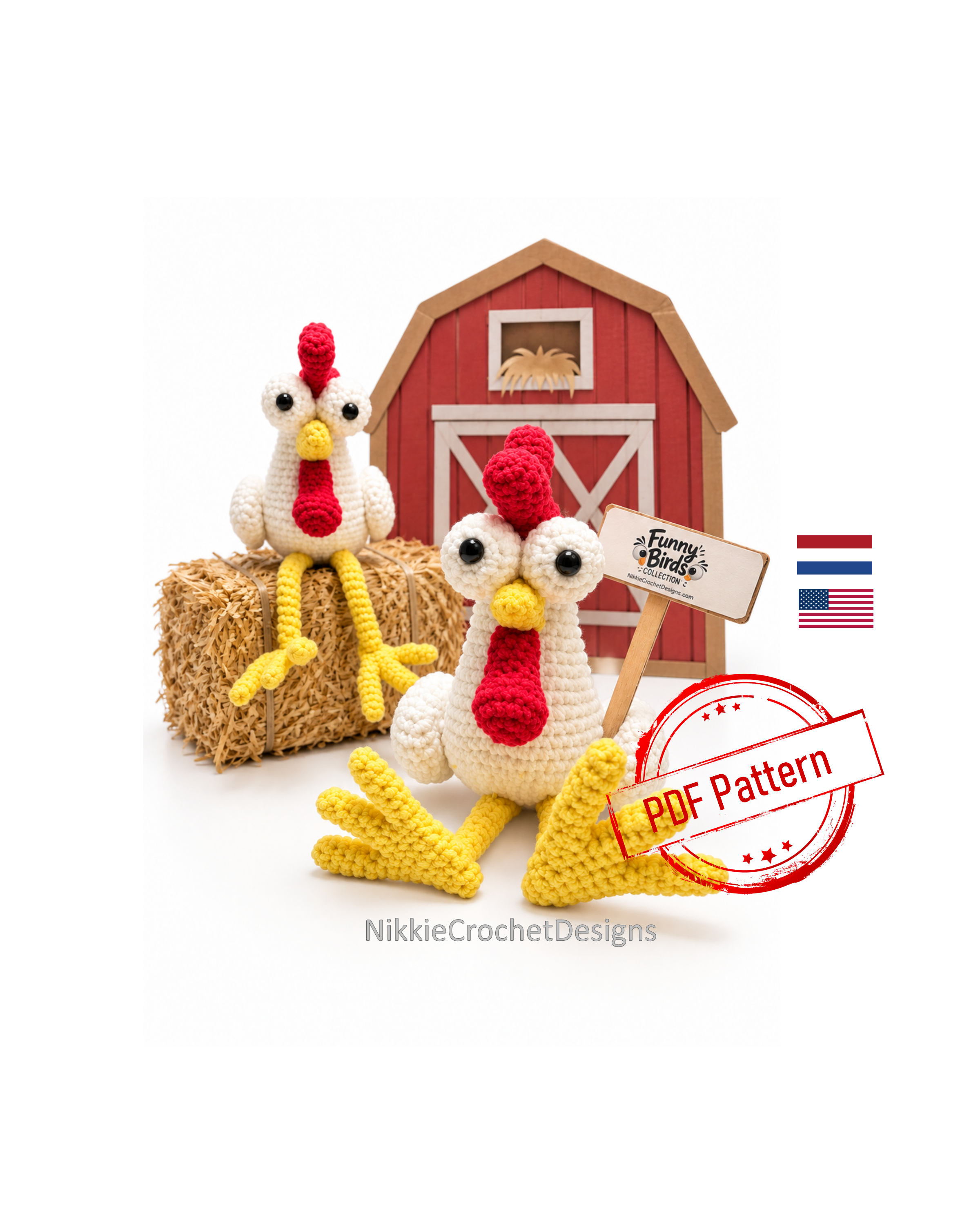 Two Cheeky Chickens in front of a red barn, one sitting on a hay bale